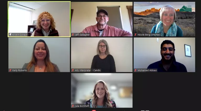 Screen shot of the awardees, including: Kristin Corash, DVR Director, Jeff Gallagher with Kahar Plumbing; Nicole Berg with Larimer County; Kelly Roberto with Woodward Inc, Interpreter Candis Gaerte, Mohammed Abbasi, Adecco and Jula Bornhoft, SWAP Coordinator of NE BOCES